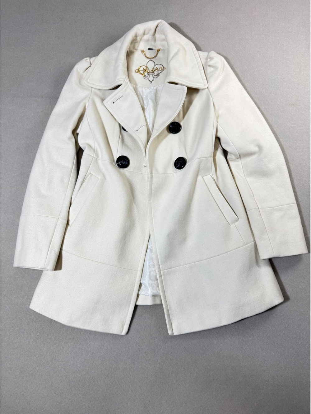Vintage Guess Wool Blend Peacoat Women's Double Breasted Ivory Belted Waist